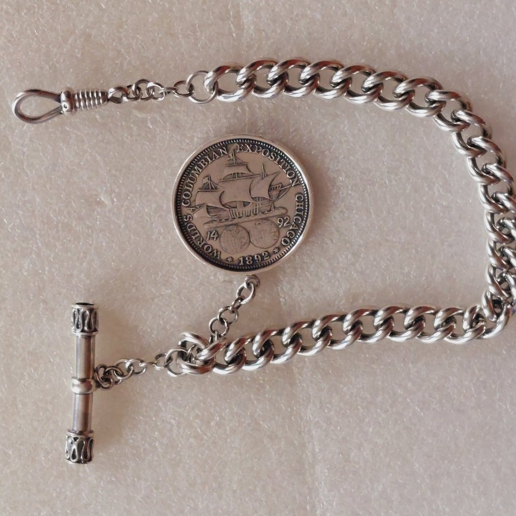 Silver chain for a pocket watch with 1/2 dollar. Men Catawiki