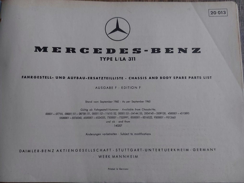 Brochures/catalogues Mercedes L/LA 311 spare parts manual Catawiki
