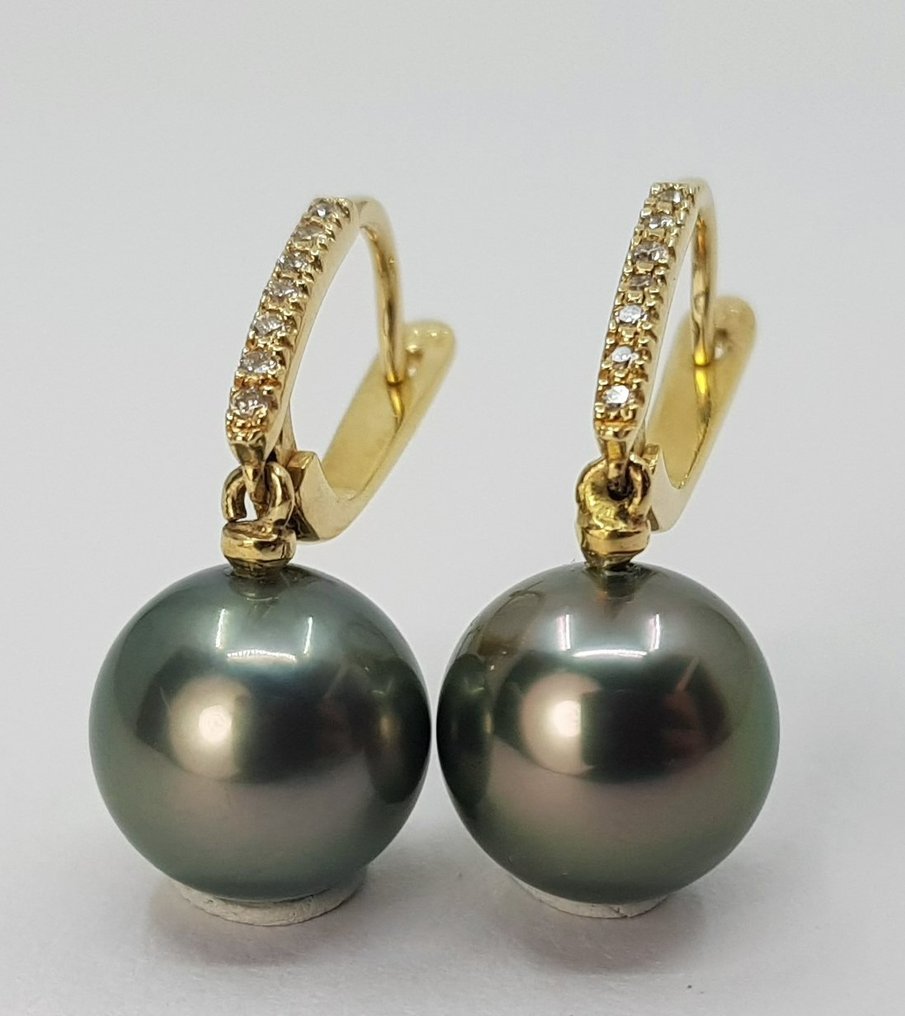 10x11mm Peacock Tahitian Pearls - 14 kt. Yellow gold - 0.11 ct ...