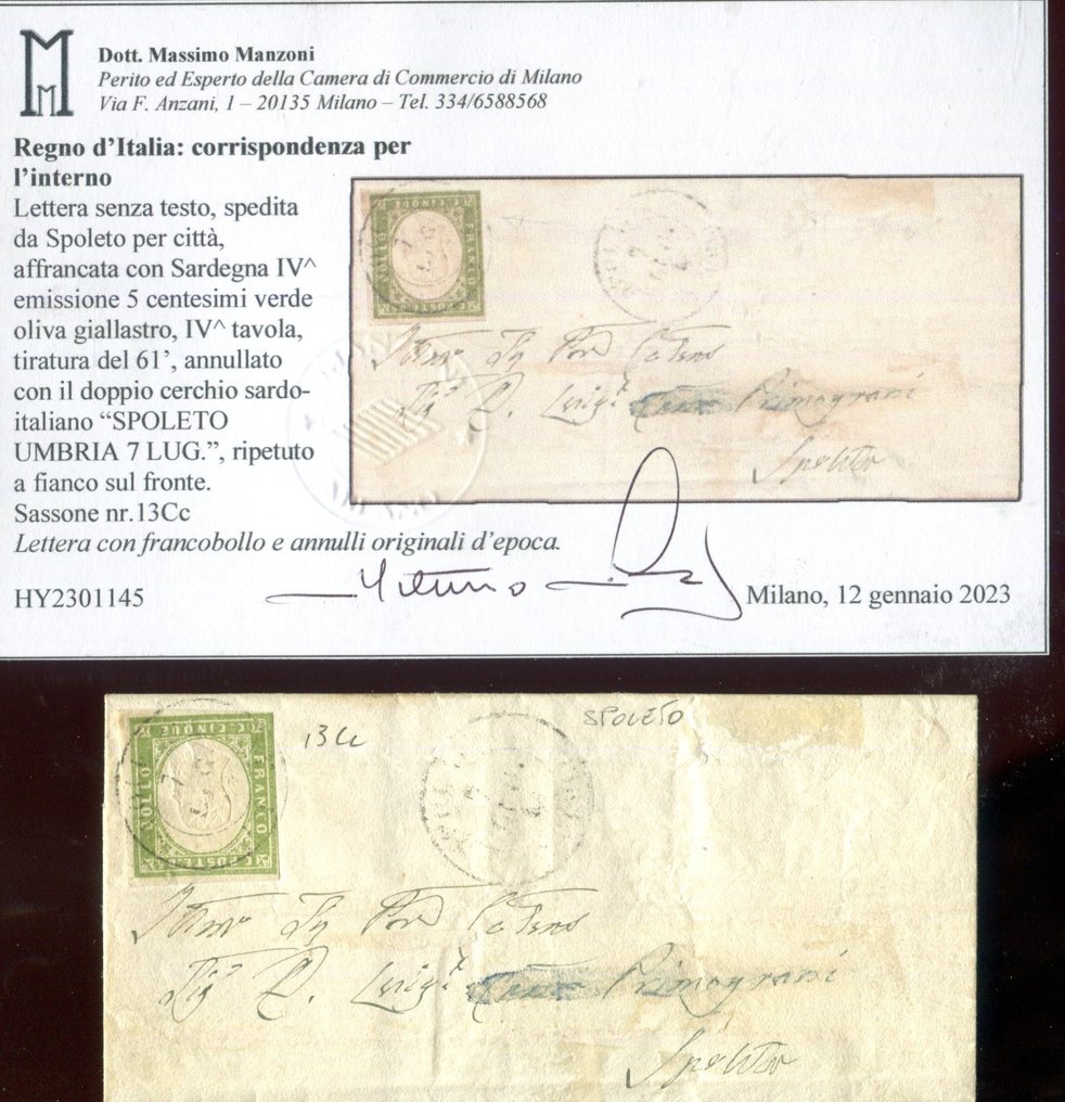 Italian Ancient States - Sardinia 1855 - 5 cents yellowish ...