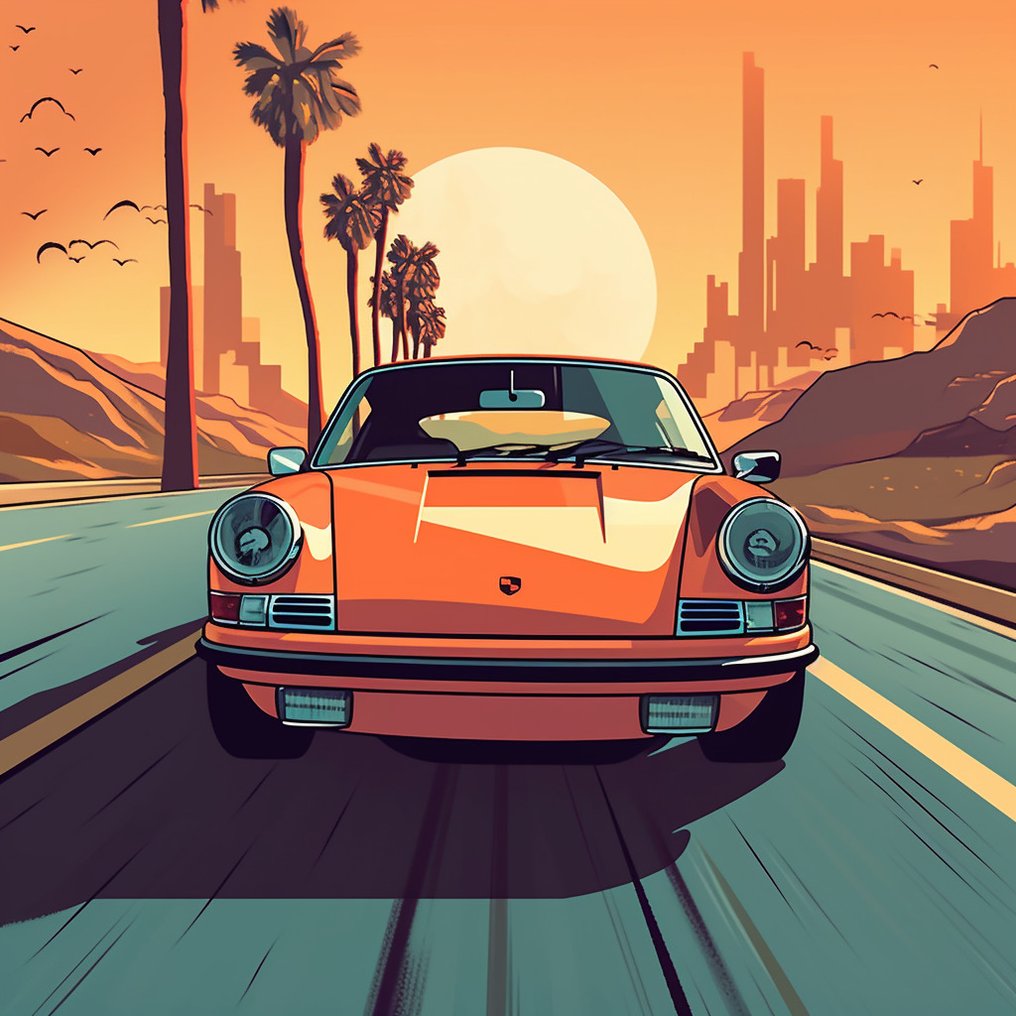 Artwork - Porsche - 911 Singer Orange - Premium Print Artwork - Catawiki 