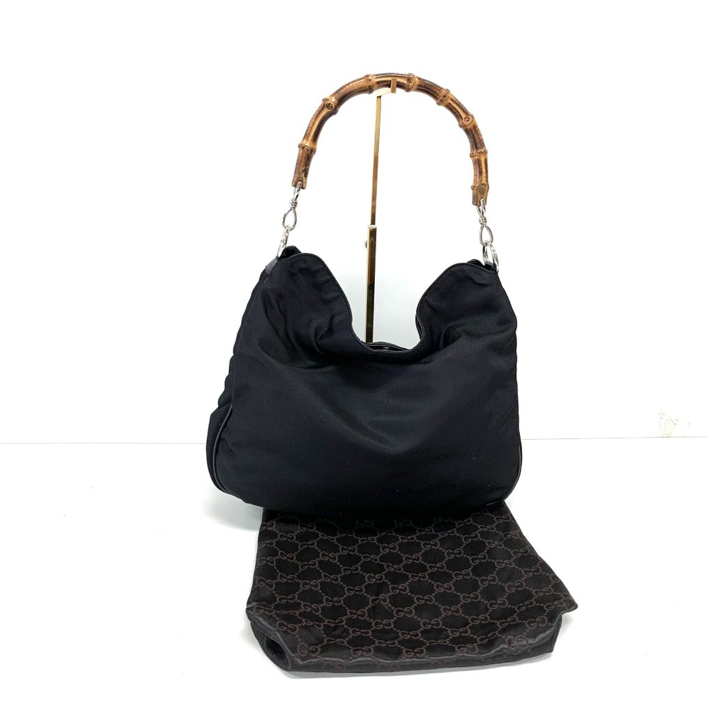 pre-loved authentic GUCCI black nylon canvas & leather BAMBOO handle HOBO  purse