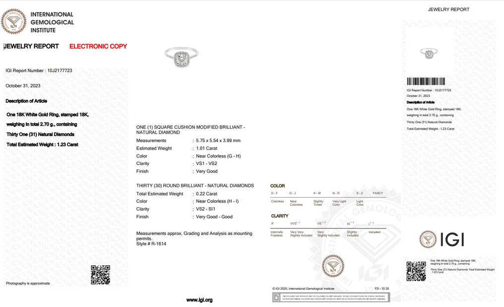 IGI Certificate - 1.23 total carat of natural diamonds - 18 kt. White ...