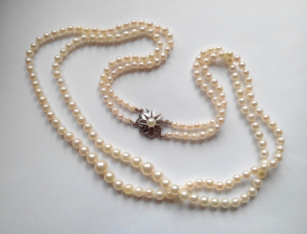 Akoya pearls, 14k white gold - Necklace - 2 rows - Catawiki