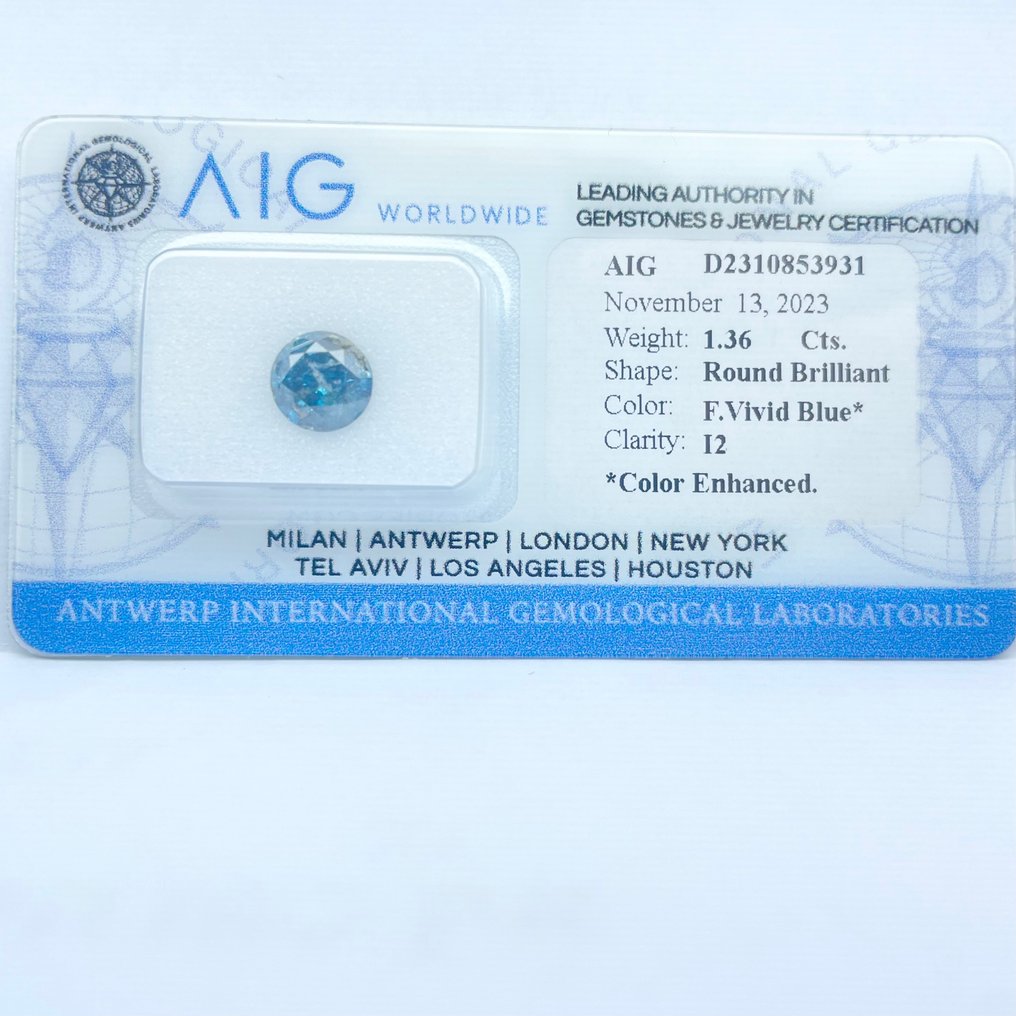 1 pcs Diamant - 1.36 ct - Rund - Fancy Leuchtend blau - I2 *No Reserve ...