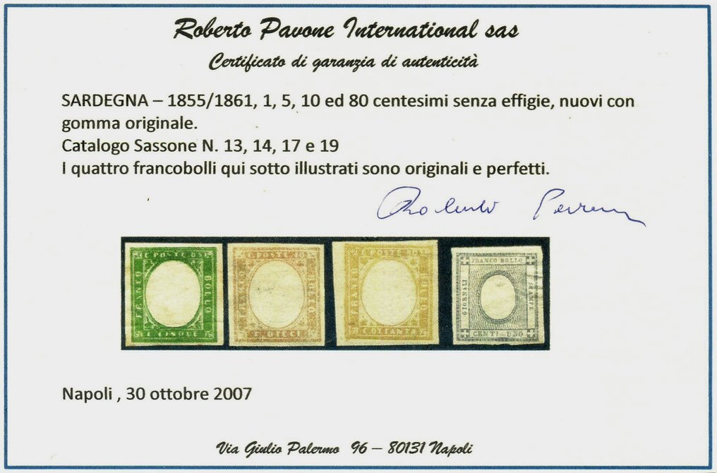 Italian Ancient States - Sardinia 1855 - IV mission, 4 values without