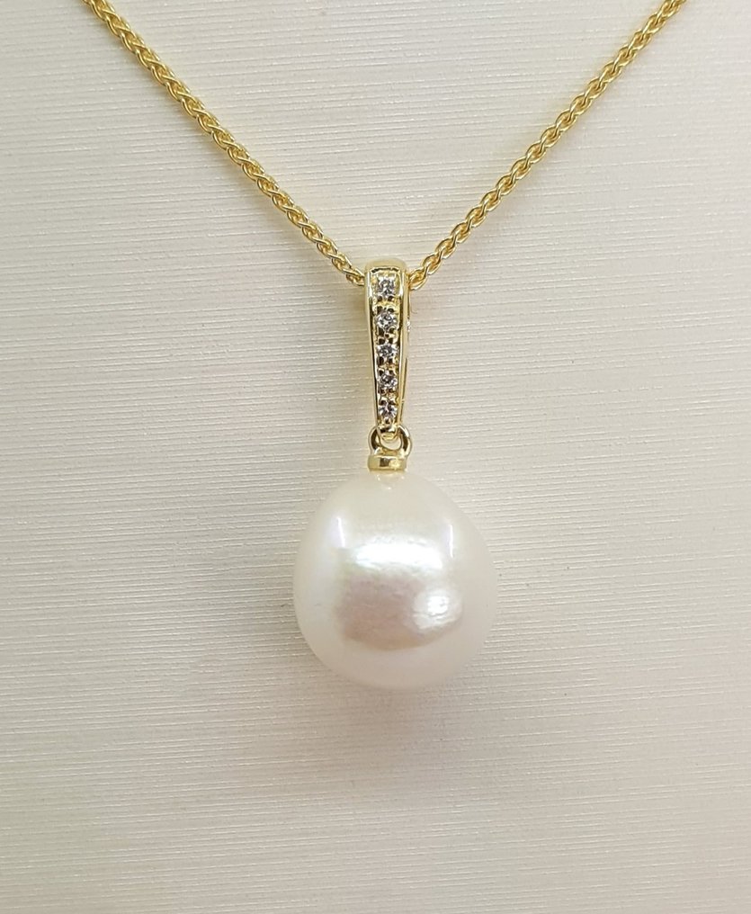 14 kt. Gold - Necklace with pendant - 11.5mm Vibrant White Edison ...