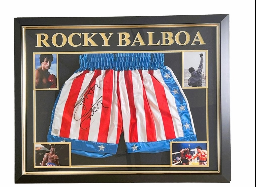 Rocky IV - Boxing Trunks, signed by Sylvester Stallone - In framed ...