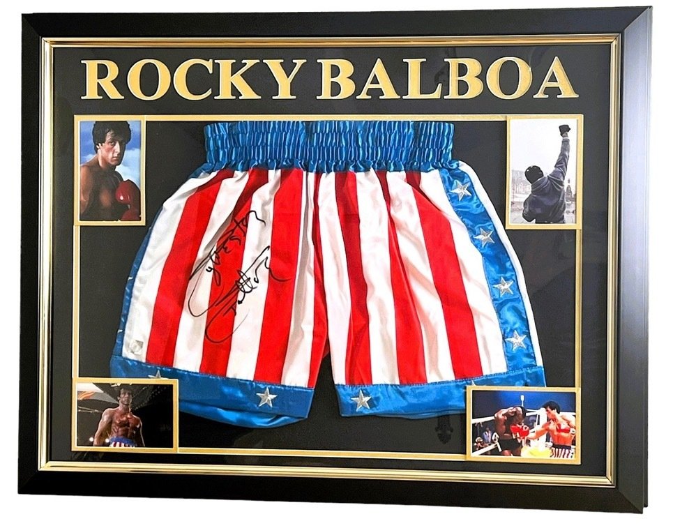 Rocky IV - Boxing Trunks, signed by Sylvester Stallone - In framed ...