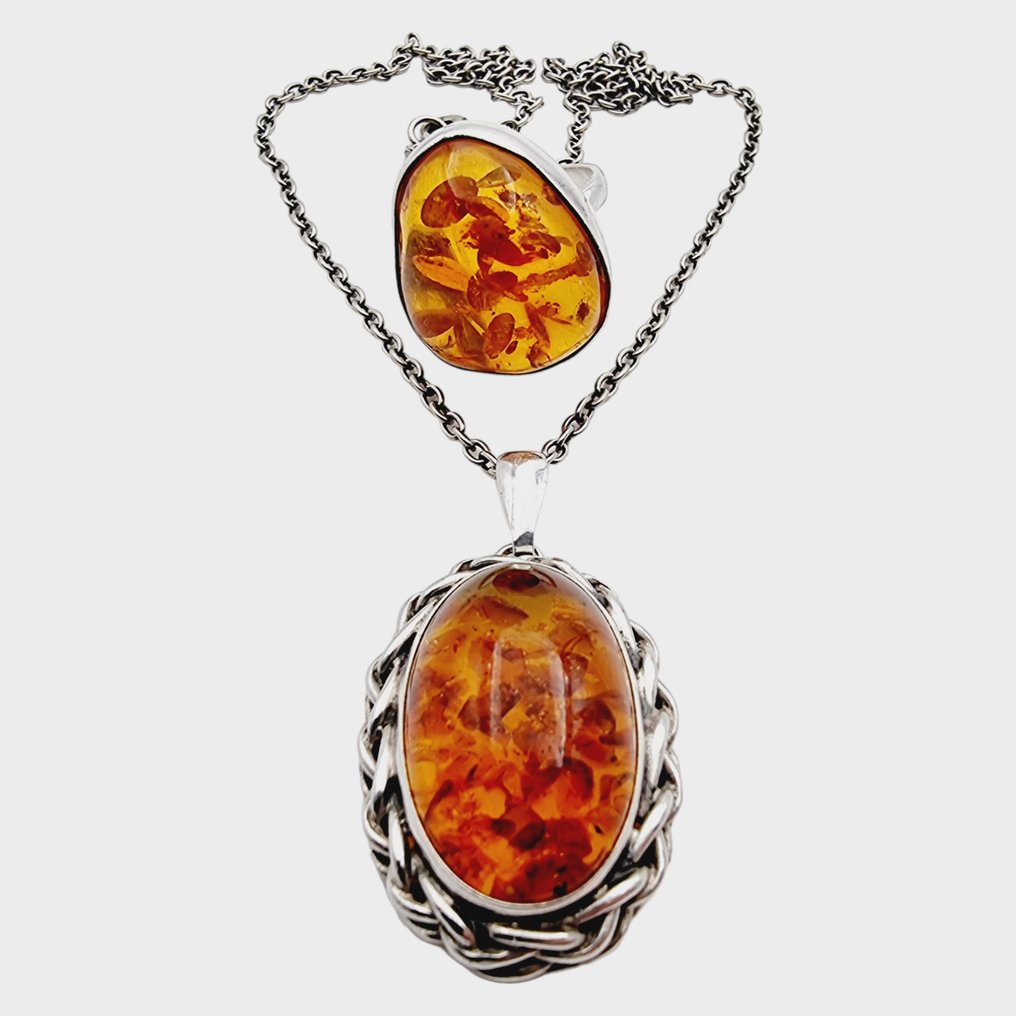 Necklace Fischland Ring Amber Silver 2 piece jewellery set