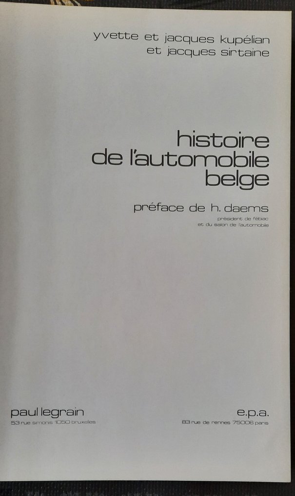Book Belgische automerken Histoire de l'automobile belge 1979
