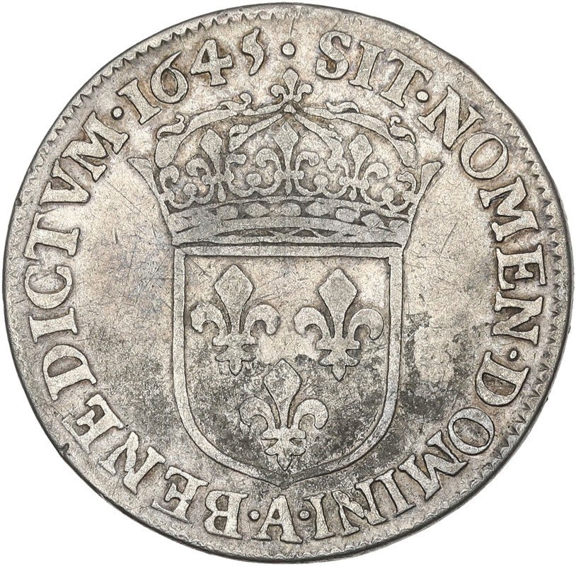 France. Louis XIV (1643-1715). 1/4 Écu à la mèche courte 1645-A, Paris ...