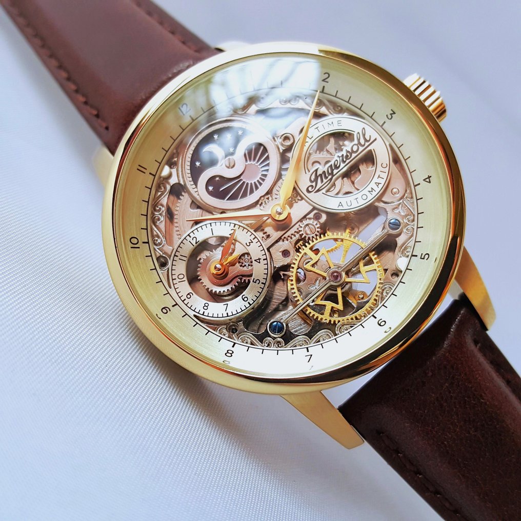 Ingersoll Men Automatic Moon Open Heart Dual Time Gold