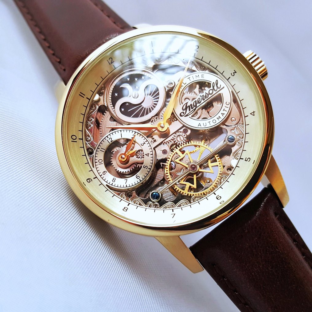Ingersoll Men Automatic Moon Open Heart Dual Time Gold