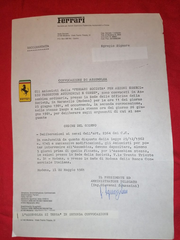 Documentazione - Lettera convocazione di Assemblea - Catawiki