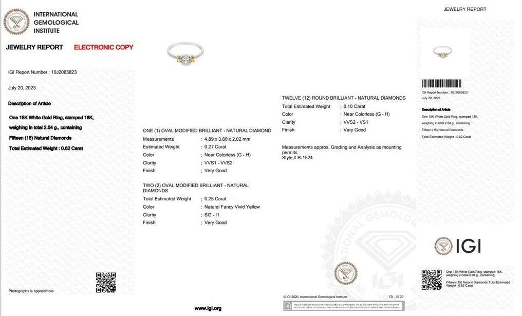 IGI Certificate - .62 total natural diamond carat 3 stones ring - 18 kt ...
