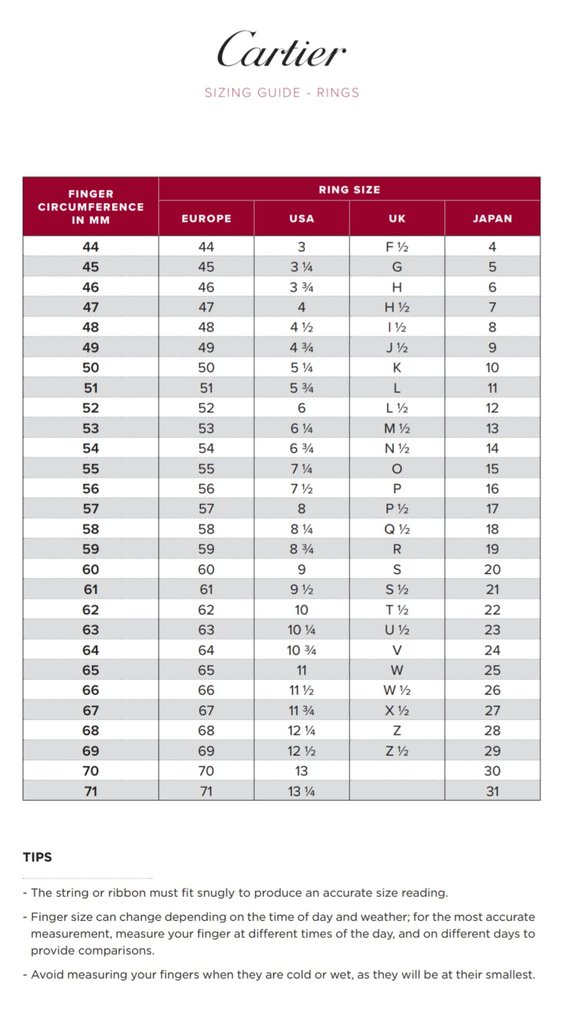Cartier love ring size chart