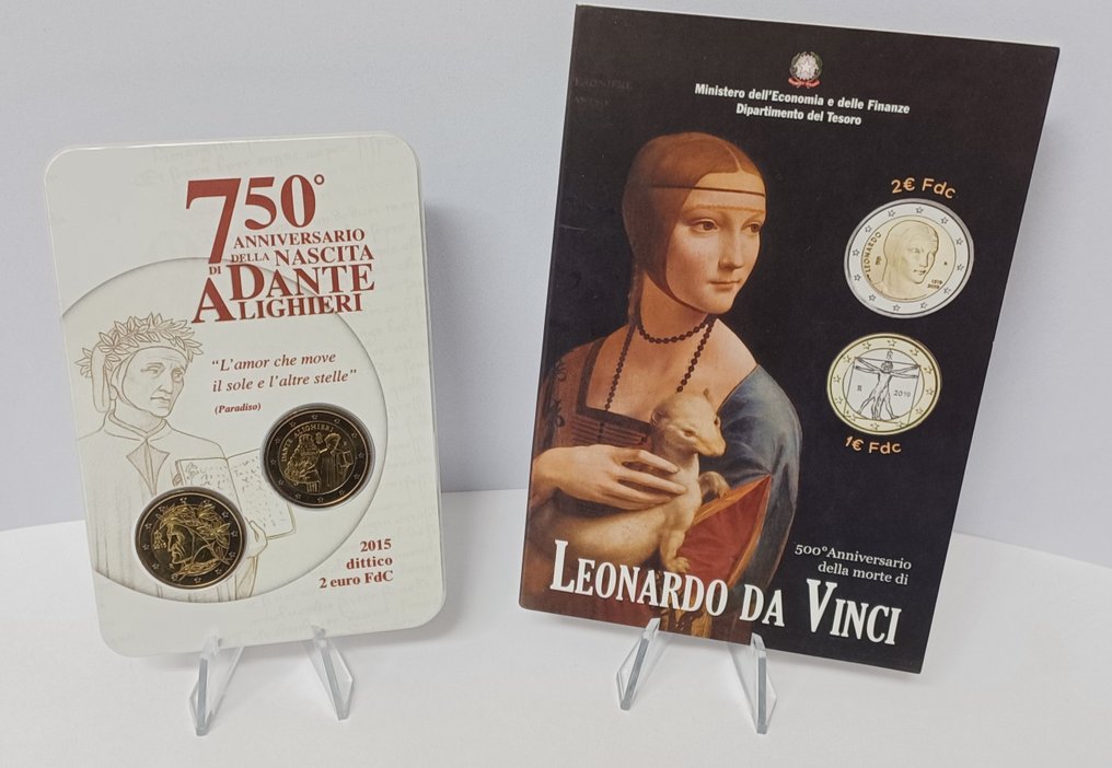 Italy. 1 Euro / 2 Euro 2015/2019 Dante Alighieri + Leonardo Da Vinci (2  blisters) - Catawiki