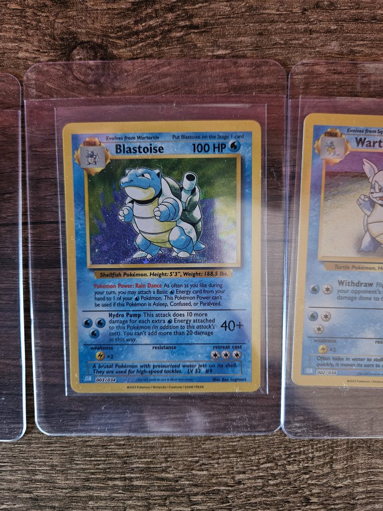 Pokémon Base set water starters Squirtle, Wartortle en Blastoiseholo TCG 2023 3 Card Tortank