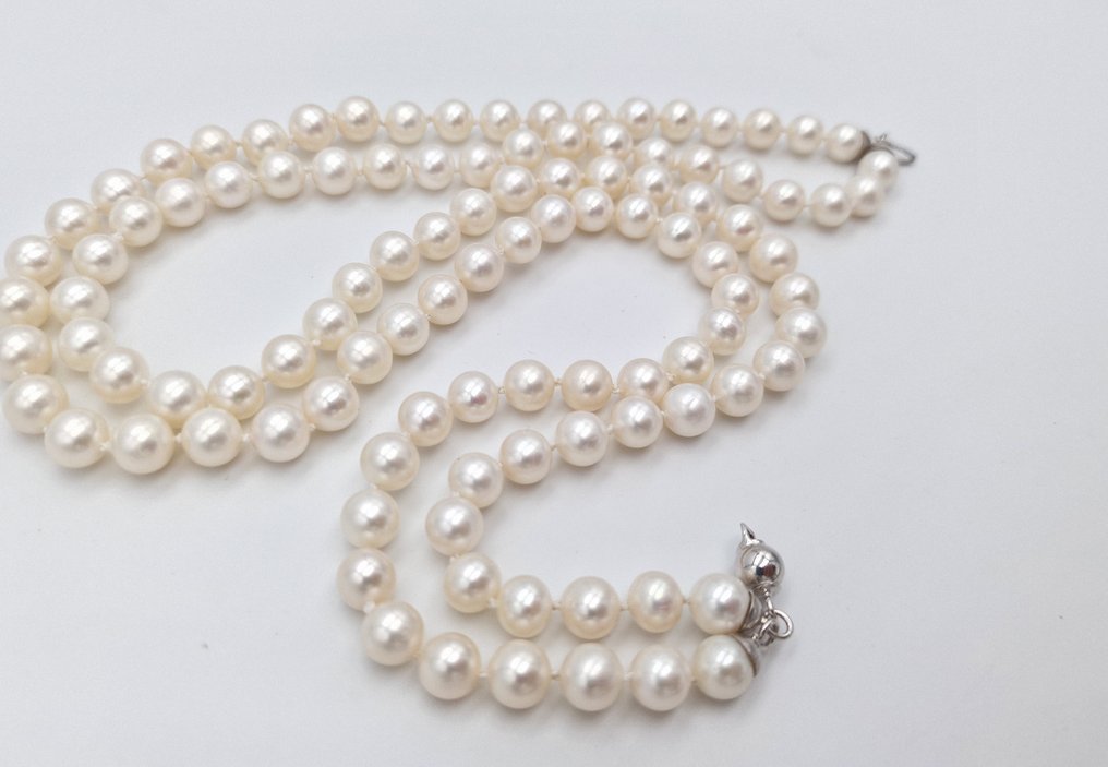 .750 (18 kt.) White gold - Necklace - 2 strands of akoya pearls from 7 ...