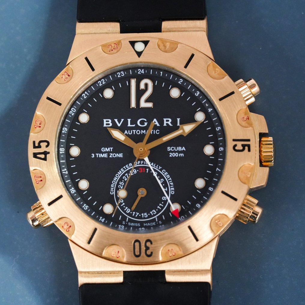 Bulgari Diagono GMT 3 Time Zone Scuba Diving 18K Gold SD 38 G GMT 