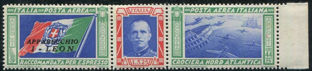Italia 1933 Trittico Crociera Nord Atlantica L. 5,25 + 44,75 con