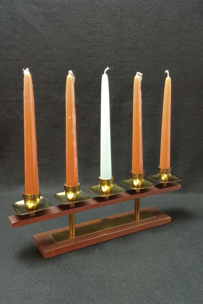 Candleholder - Wood and brass candle holder from the 1970s - Catawiki
