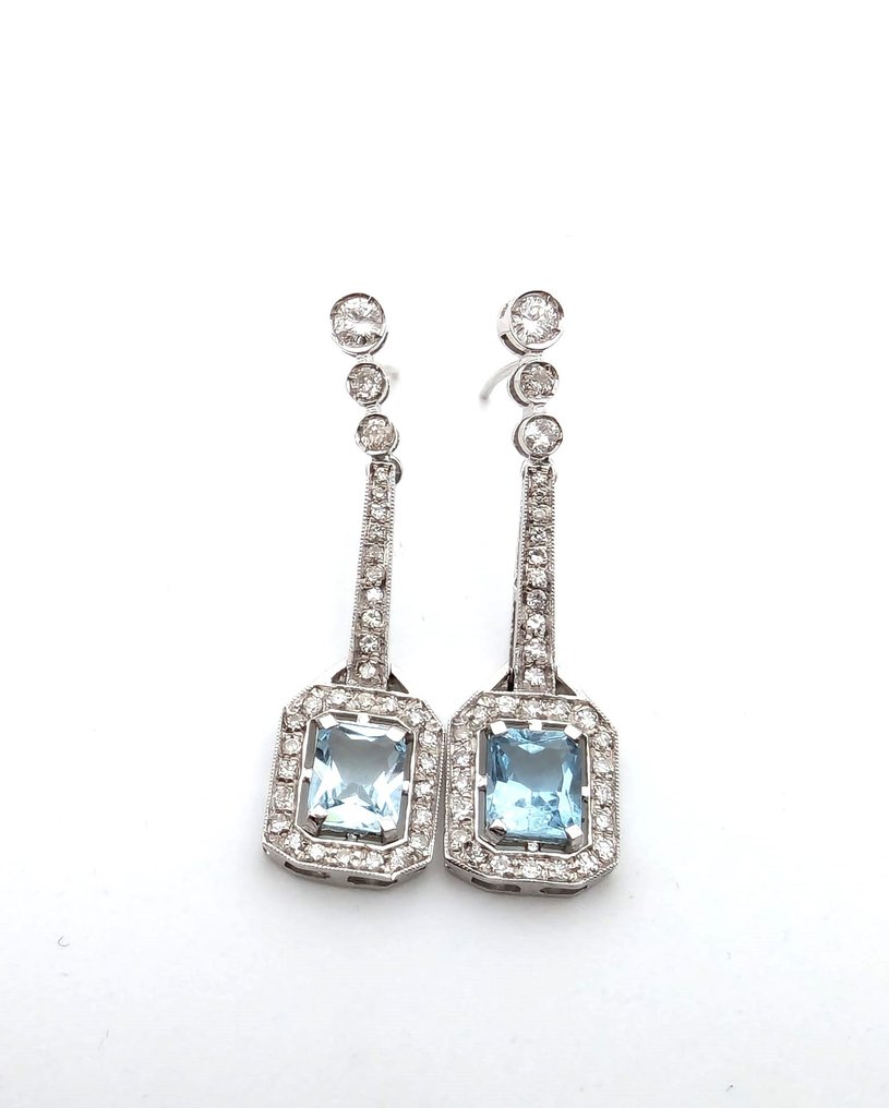 18 kt. White gold - Earrings Aquamarines - Diamond - Catawiki