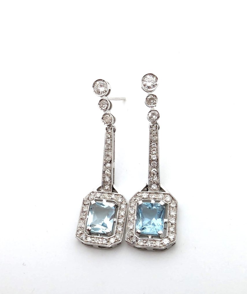 18 kt. White gold - Earrings Aquamarines - Diamond - Catawiki