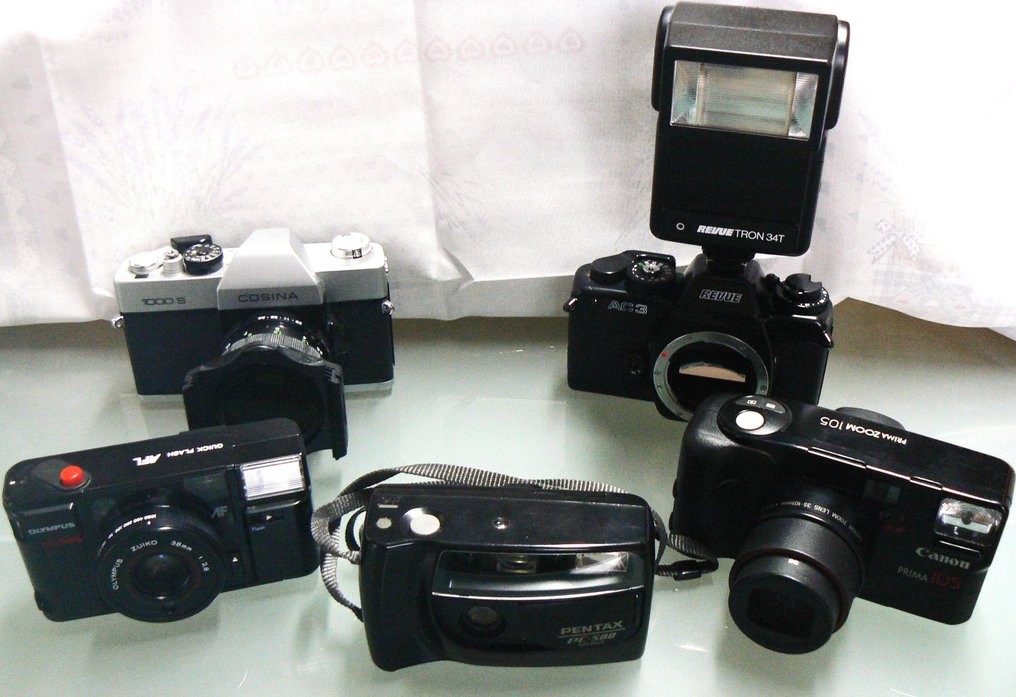 Canon, Cosina, Olympus, Pentax lot of 5 beautiful "Japanese" cameras ...