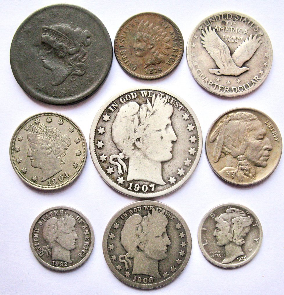 United States. Collection of various old coins 1817-1925 (9 different ...
