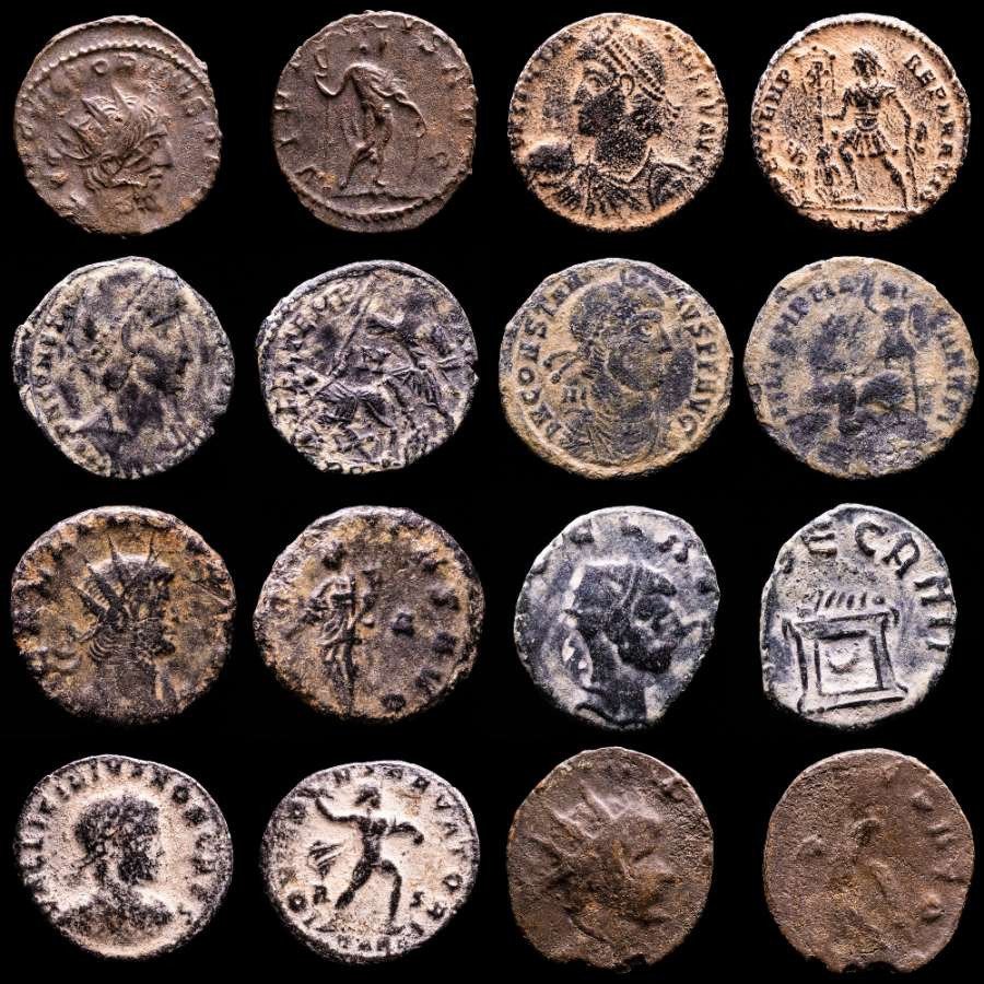 Roman Empire. Lot comprising eight (8) AE coins:  Antoninianus, Follis, Maiorinas. Antoninianus, Follis, Maiorinas. Victorinus, Constantius II (3), Claudius II (2), Gallienus & Licinius II #1.2