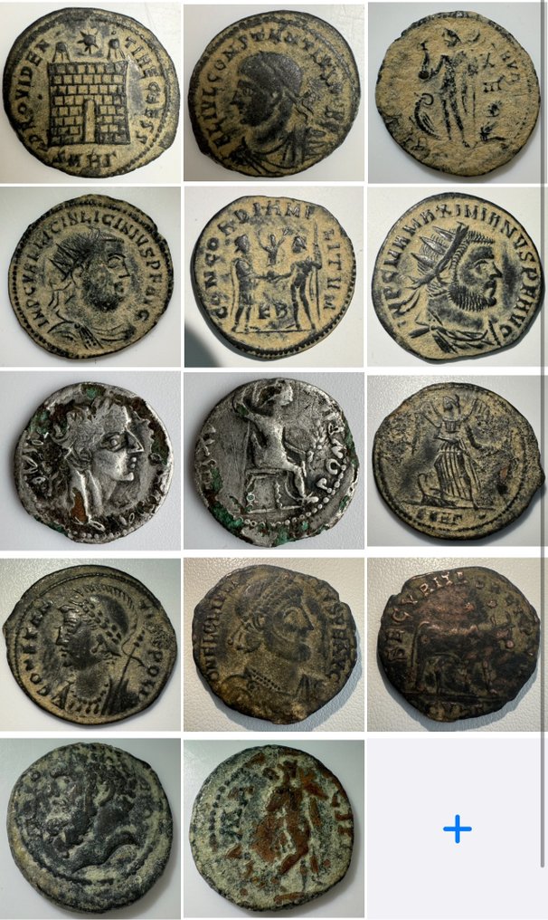 Groep van 7 Romeinse keizerlijke munten, waaronder een zeldzame zilveren munt. Zie beschrijving