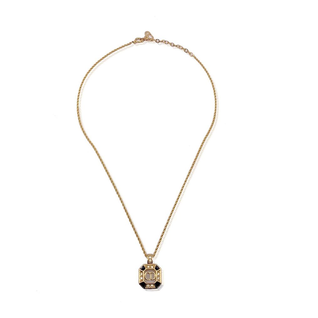 Christian Dior Vintage Gold Metal CD Square Pendant Chain